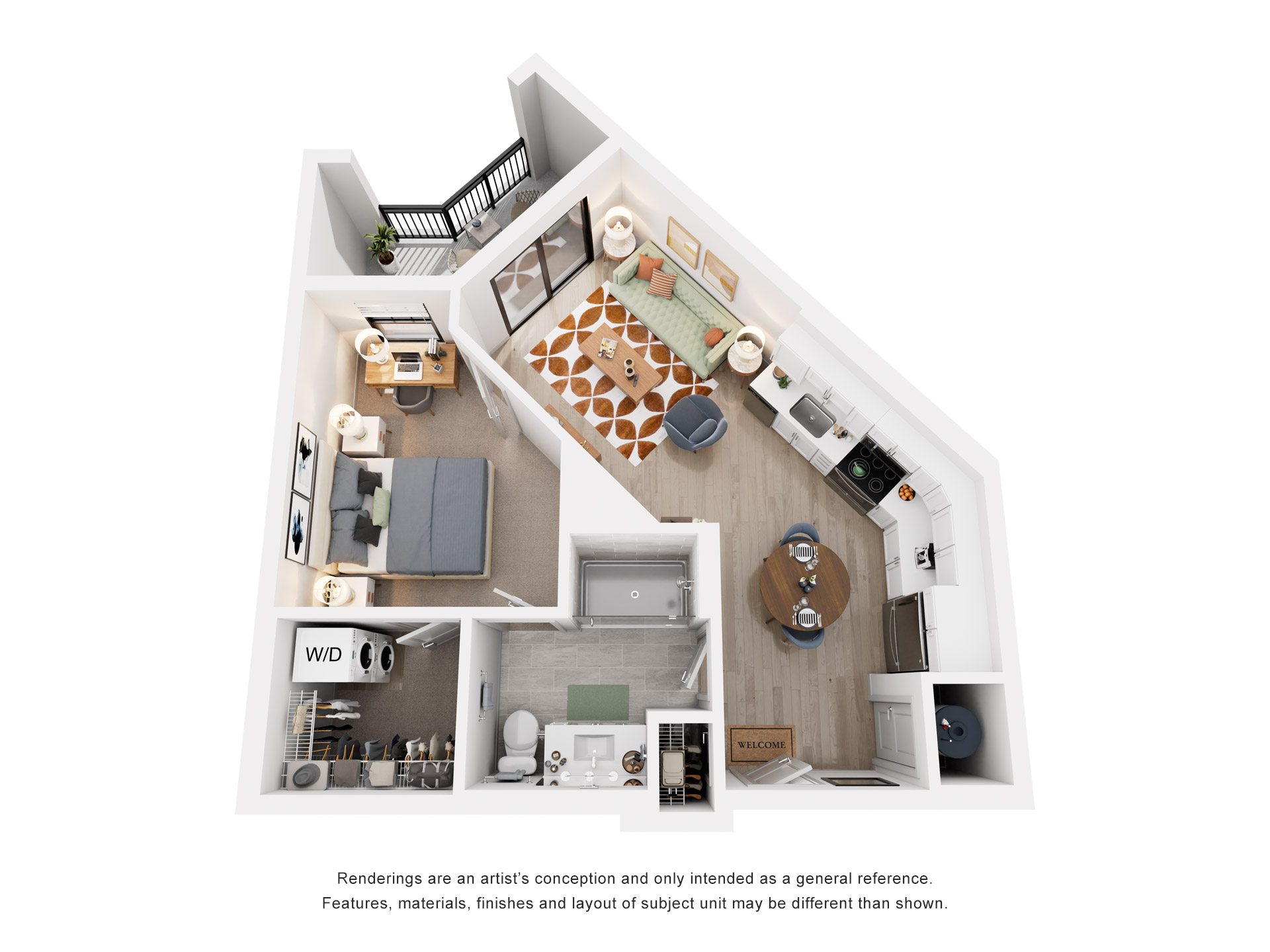 Floor plan for 1 bed, 1 bath, 609 sqft